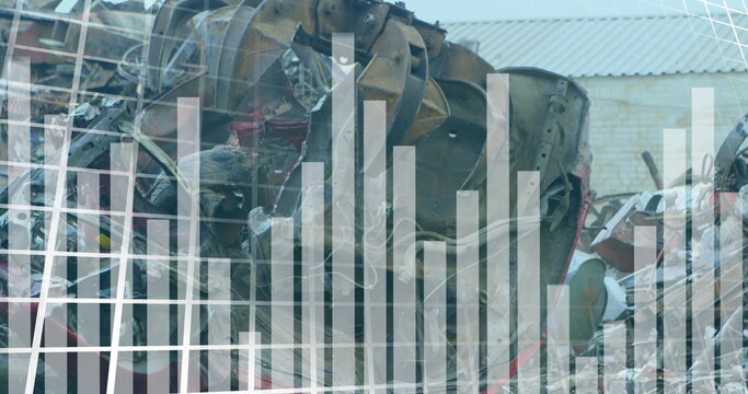 Image of statistical data processing over crane operating at junkyard