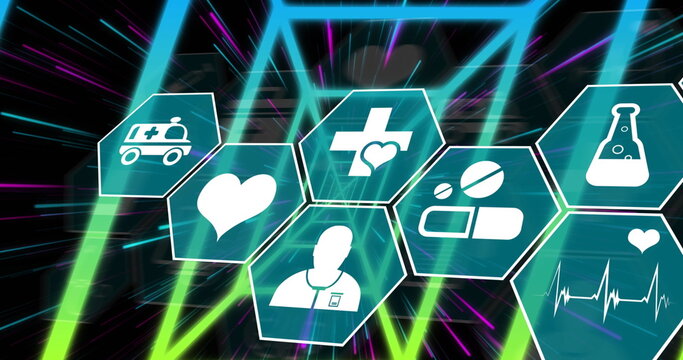 Image of chemical icons over neon lines on black background