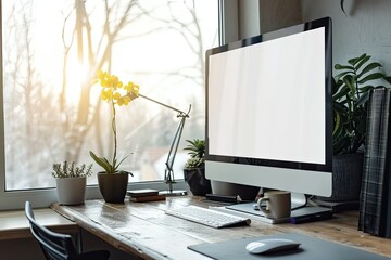 Home or Office Working Space Against the Window with White Pc Desktop Computer Mockup