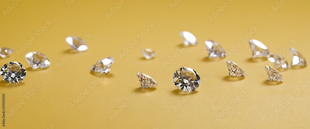 Aufkleber numerous diamonds of various cuts and sizes are arranged on a smooth yellow background, creating an 
