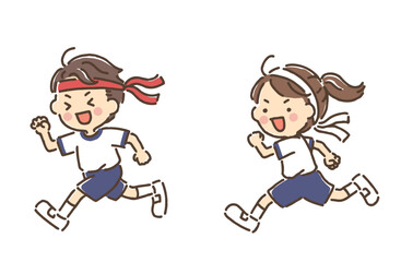 走っている体操服の男の子と女の子（徒競走）