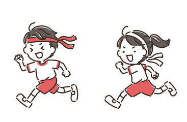 走っている体操服の男の子と女の子（徒競走）