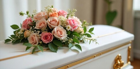 Elegant closed casket adorned with a beautiful floral arrangement and a thoughtful, personalized gift resting on top Perfect for sympathy, remembrance, or funeral service imagery , touching, respect