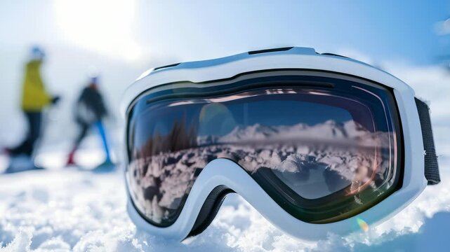 Close-up of white ski goggles sitting on snow, mirroring a beautiful mountain range. Blurred skiers are visible in the background. Bright, sunny day on the slopes. Winter adventure gear.