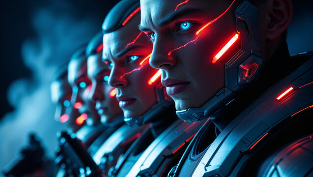 A squad of cybernetically enhanced soldiers stand together in a futuristic setting.