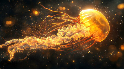 Golden jellyfish against a dark background.
