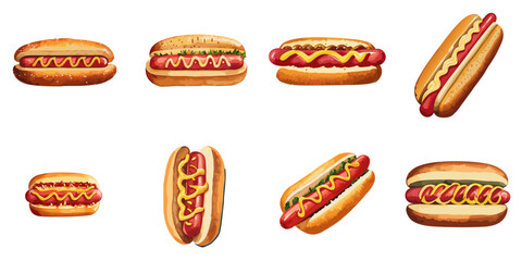 Multiple vector illustrations hot dogs, watercolor style