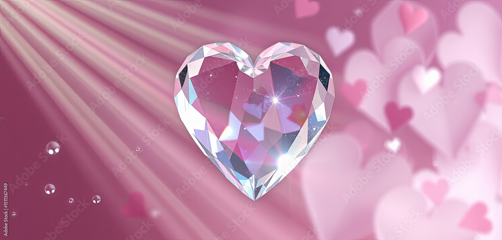Aufkleber a heart-shaped crystal sparkles as it captures light, set against a soft pink background filled with