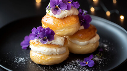 Fluffy buns with cream and violet flowers on a black plate, close-up. Three puffy pastries stacked together.
