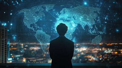 A scientist monitoring global temperature changes on a high-tech digital map, tracking environmental shifts.