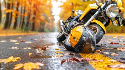 Fototapeta premium Yellow motorcycle on wet autumn road