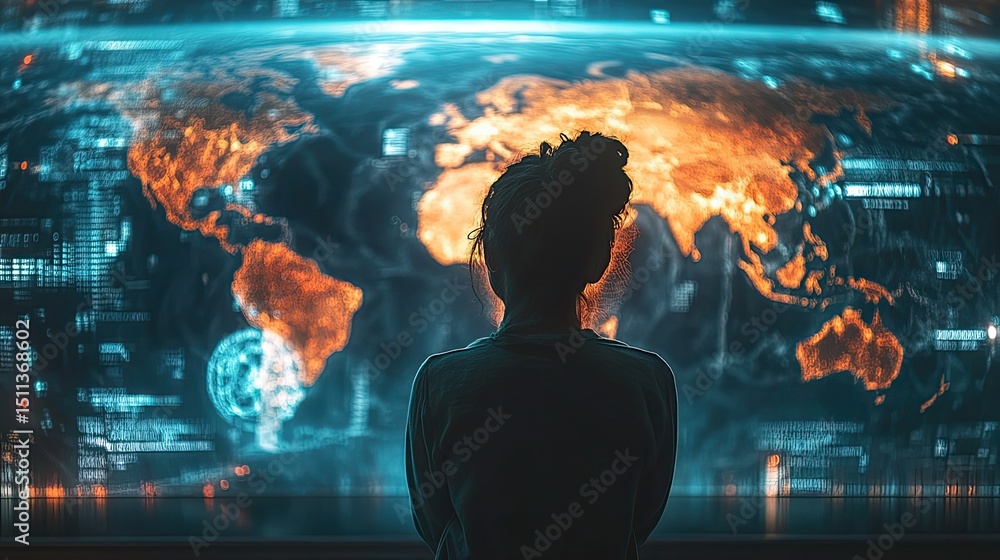 Poster A scientist monitoring global temperature changes on a high-tech digital map, tracking environmental shifts.