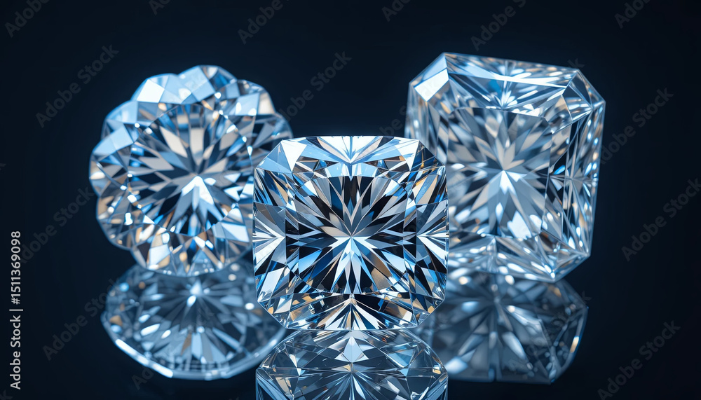 Poster three exquisite diamonds with different cuts sparkle vividly under soft light, reflecting intricate 