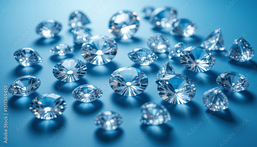 Poster sparkling diamonds of various sizes are arranged in a scattered pattern on a smooth blue surface, re