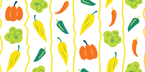 Seamless mixed bell peppers and chili peppers pattern in minimal graphic illustration style with doodle stripe lines, colorful vivid colors on a white background. Veggie Time! Series.
