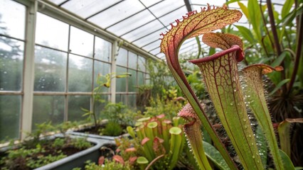 Dew Covered Carnivorous Nepenthes Pitchers in Sunlight Ultra Detailed Close up