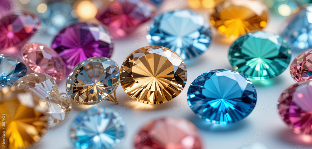 Poster various sparkling gemstones in an array of colors shimmer with light, reflecting vivid oranges, blue