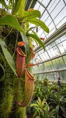 Close up of Vibrant Nepenthes Pitchers with Dew Droplets Carnivorous Detail