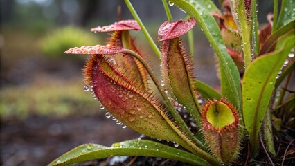Close up of Vibrant Nepenthes Pitchers with Dew Droplets Carnivorous Detail
