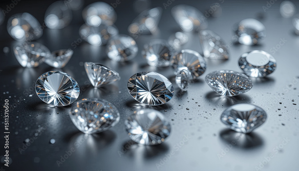 Poster a collection of cut diamonds is spread out on a dark surface, reflecting light and creating a visual
