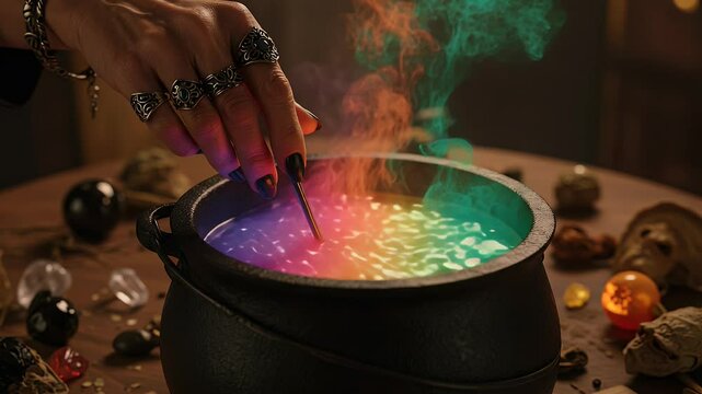 Enchanting scene of a mystical hand stirring a colorful potion in a cauldron, surrounded by magical artifacts and smoke