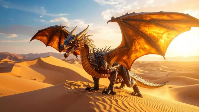 Majestic dragon soaring above a vast golden desert under a bright blue sky and sunlight
