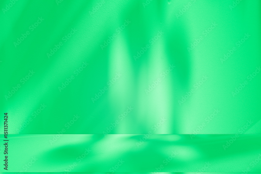 Fototapete Wall interior background, studio and backdrops show products. with leaf shadow from window color green and white. background for text insertion and presentation of product	