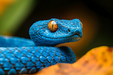 Fototapeta premium Close-up view of a vibrant blue venomous pit viper.