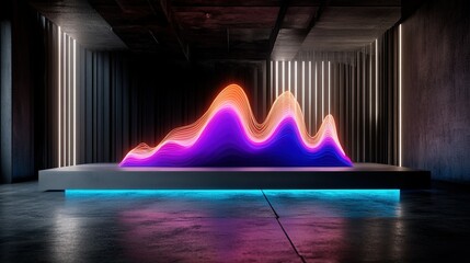 Abstract Neon Light Sculpture on Modern Platform in Dark Room Vibrant Purple Pink Orange Hues Illuminate Industrial Setting