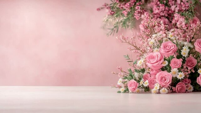 Elegant Pink Roses and Flowers Bouquet on White Table