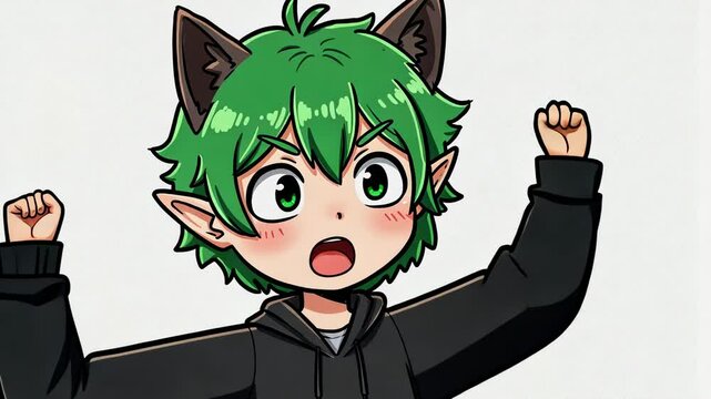 Anime catboy with green hair, surprised with raised fists