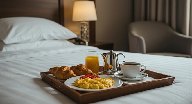 Hotel Room Breakfast: Scrambled Eggs, Croissants, and Coffee Tray