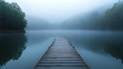 A misty morning pond with a wooden dock stretching across the still water, surrounded by soft fog.