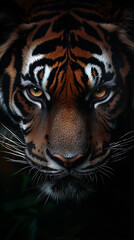 Naklejka premium Close-up portrait of a majestic tiger with intense eyes, showcasing its beautiful fur and powerful presence in the wild