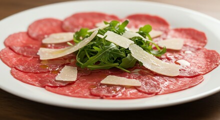 Beef Carpaccio Appetizer with Arugula and Cheese