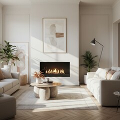 A modern living room with a fireplace, sofas, artwork, plants, and a round coffee table on a rug
