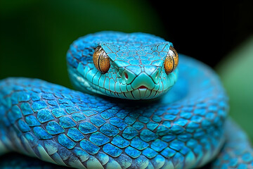 Fototapeta premium Close-up of a vibrant blue venomous pit viper.
