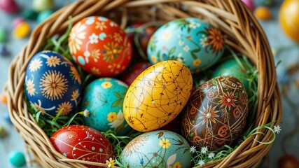 Fototapeta premium Festive Easter Eggs in Wooden Basket