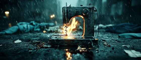 Burning Sewing Machine in the Rain A Dark, Evocative Image