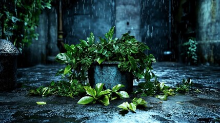 Rainy Day Plants Lush Greenery in a Dark Courtyard