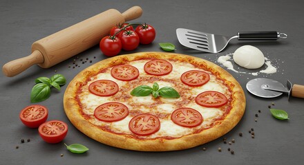 Pizza with Tomato and Basil Ingredients