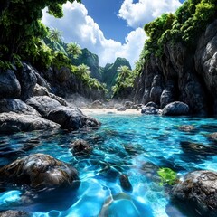 Serene Tropical Cove Crystal Clear Waters and Lush Greenery