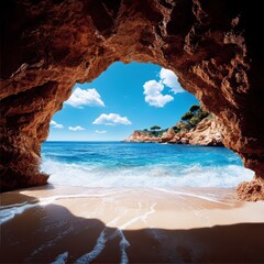 Stunning Ocean View from a Sea Cave Turquoise Waters and Sandy Beach