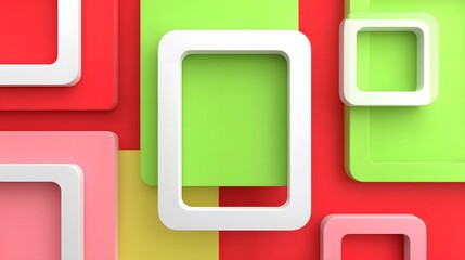 Abstract geometric design featu vibrant colorful rounded rectangles overlapping with bright white frames creating a modern artistic composition and playful vibe.