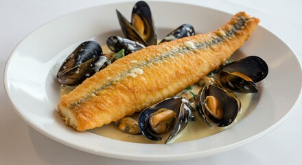 Fried Fish with Mussels and Sauce on a Plate