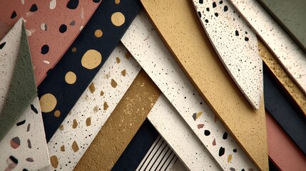 An abstract design showcasing a variety of colorful textures and patterns with geometric shapes creating an interesting modern and artistic composition style.