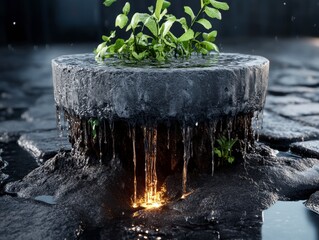 Stone Fountain with Cascading Water and Emerging Plants A Digital Art Piece