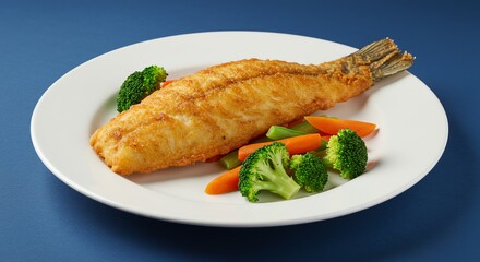 Fried Fish with Broccoli and Carrot on Plate