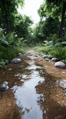 Serene Forest Path Tranquil Stream Winding Through Lush Greenery