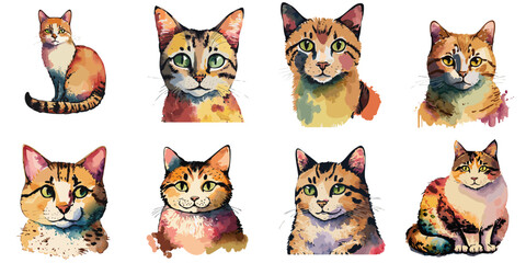 Multiple vector illustrations of cats, watercolor style